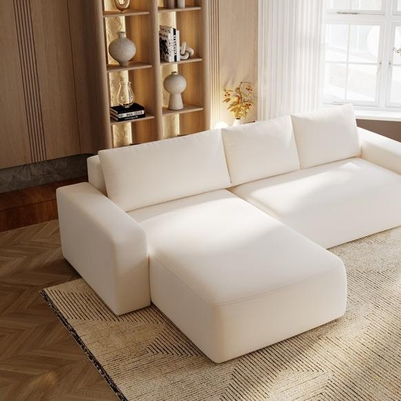 Canapé dangle en L Aldo - Canapé dangle avec coffre de lit, fonction sommeil - Canapé dangle 250 cm gauche (Crème - Komodo 10)