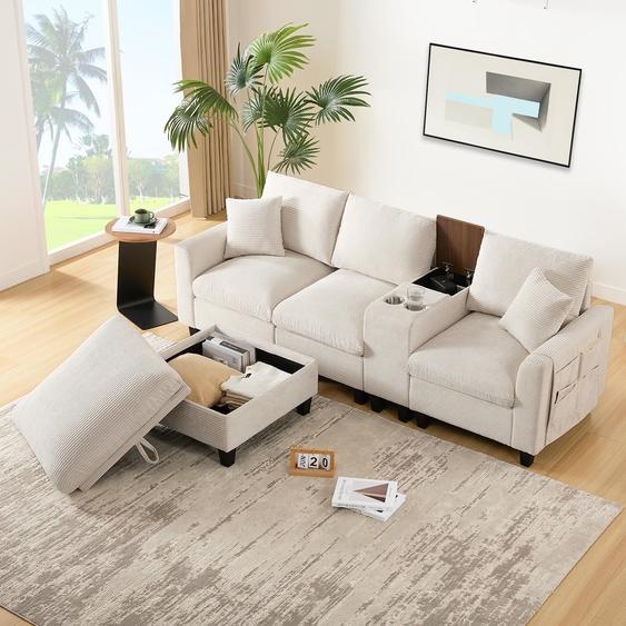 Canapé dangle en L avec console, ports USB et porte-gobelets, velours côtelé, beige, 229 x 149,5 x 83 cm