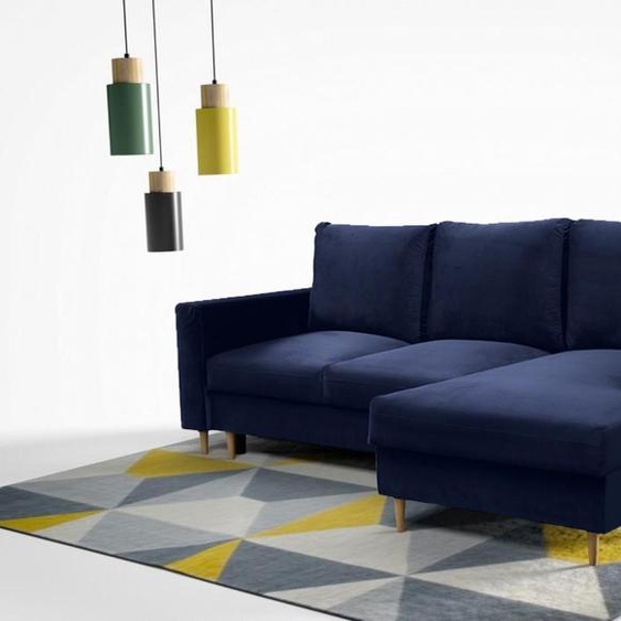 Canapé dangle en forme de L dans le style scandinave DAVE, canapé dangle avec fonction de couchage et armoire-lit, canapé dangle sur pieds en bois (tissu : fancy 79 - bleu foncé, ottoman : à droite)