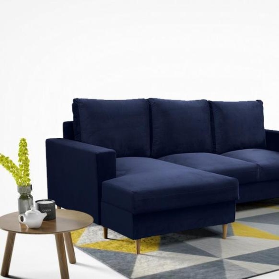 Canapé dangle en forme de L dans le style scandinave DAVE, canapé dangle avec fonction de couchage et armoire-lit, canapé dangle sur pieds en bois (tissu : fancy 79 - bleu foncé, ottoman : à gauche).
