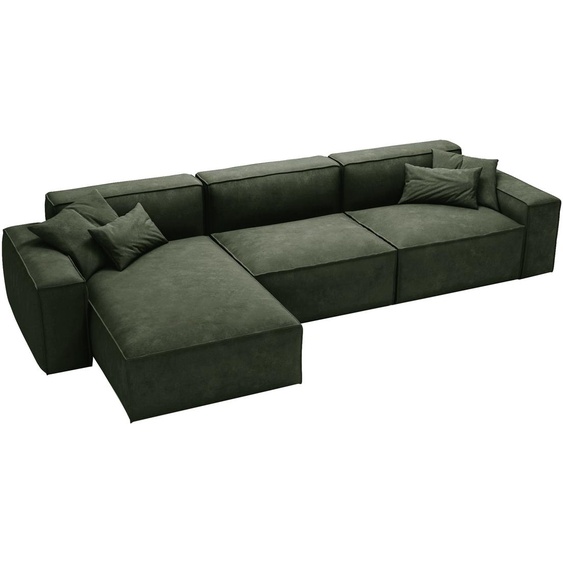 Canapé dangle en L Figo - Canapé dangle 265 cm, Tissu velours, Mousse souple - Ottomane gauche, Canapé dangle Vert (Whisper 11)