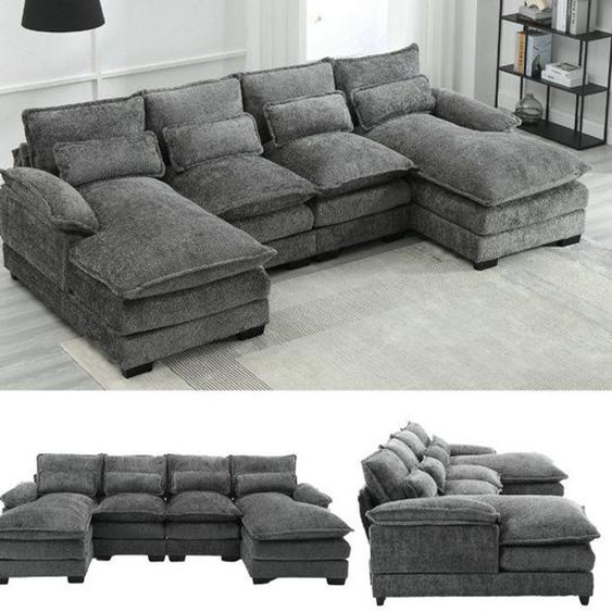 Canapé dangle en tissu  bouclé - Canapé modulable 4 places moderne en U - avec 4 coussins lombaires - design ergonomique - gris