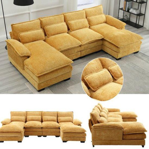 Canapé dangle en tissu  bouclé - Canapé modulable 4 places moderne en U - avec 4 coussins lombaires - design ergonomique - jaune