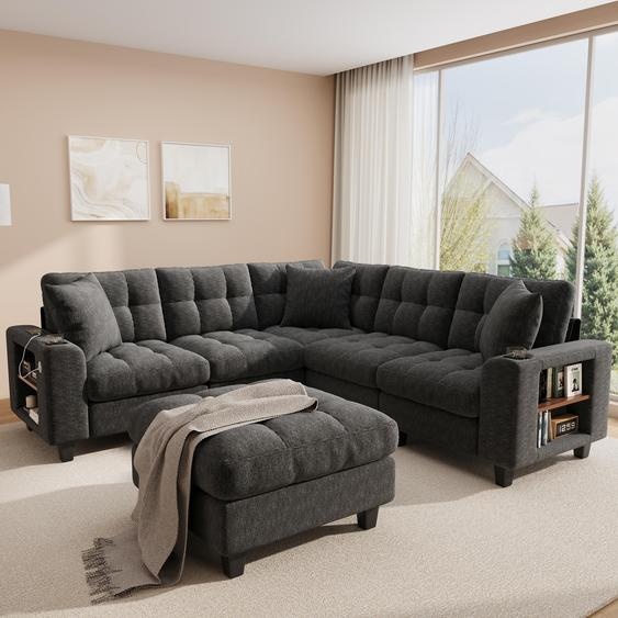 Canapé dangle en U Merax 6 places, canapé modulaire XXL, canapé en chenille avec repose-pieds, porte-gobelets, USB et USB-C, canapé de salon, gris