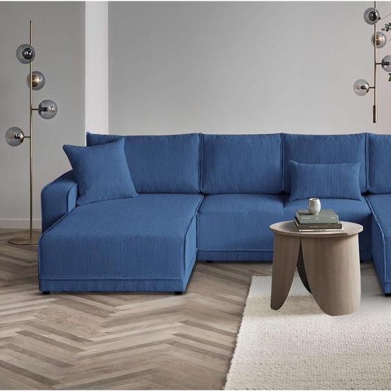 Canapé dangle en U Primo Canapé dangle en U pour le salon avec fonction couchage et lit Canapé dangle en velours côtelé, tissu : poso 05 - bleu