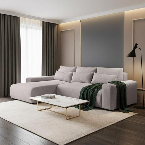 Canapé dangle en velours côtelé au design moderne Canapé rembourré Benny avec fonction lit pour le salon, tissu : poso 02 - cappucino, ottoman : gauche