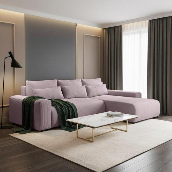 Canapé dangle en velours côtelé au design moderne Canapé rembourré Benny avec fonction lit pour le salon, tissu : poso 27 - rose, ottoman : à droite
