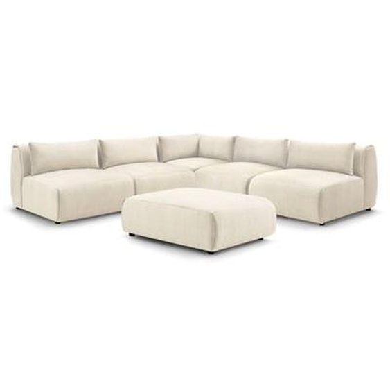 Canapé dangle fixe modulable JEANNE tissu velours avec 4 chauffeuses, 1 angle et 1 pouf