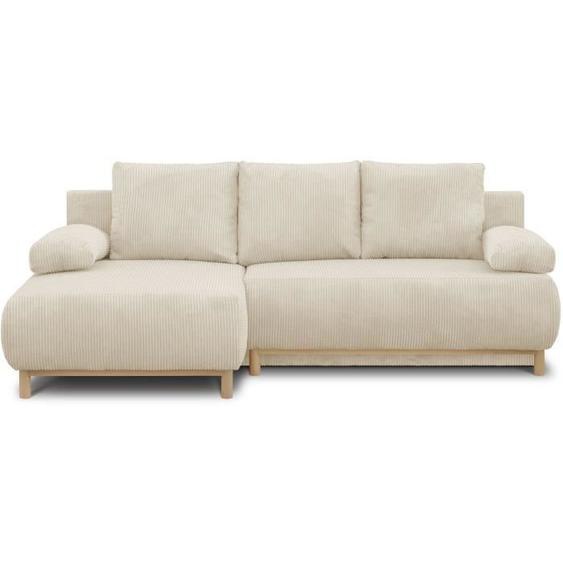 Canapé dangle gauche convertible MIKA 3 places - Velours côtelé beige - Coffre de rangement - L218 x P98/145 x H84 cm