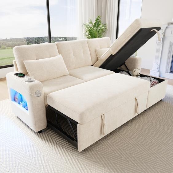 Canapé dangle Merax Canapé-lit avec fonction couchage, canapé en L avec espace de rangement, chaise longue simple, porte-boissons, éclairage USB/LED, canapé-lit, beige