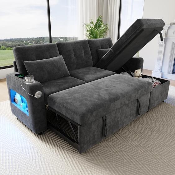 Canapé dangle Merax Canapé-lit avec fonction couchage, canapé en L avec espace de rangement, chaise longue simple, porte-boissons, éclairage USB/LED, canapé-lit, gris