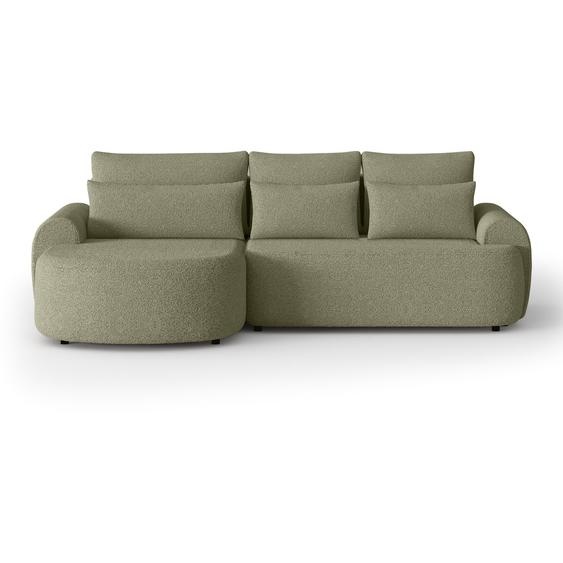 Canapé dangle OLIVIO en L avec fonction sommeil, Bouclé vert, ottomane à gauche