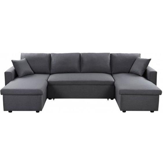 Canapé dAngle Panoramique Convertible en Tissu Gris - LOUNGITUDE - MARIA - 6 places - Coffres de rangement