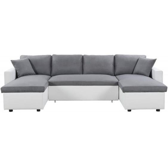 Canapé dAngle Panoramique 6 Places MARIA Convertible en simili et microfibre - Blanc/Gris - L295 x P146 x H81cm - LOUNGITUDE