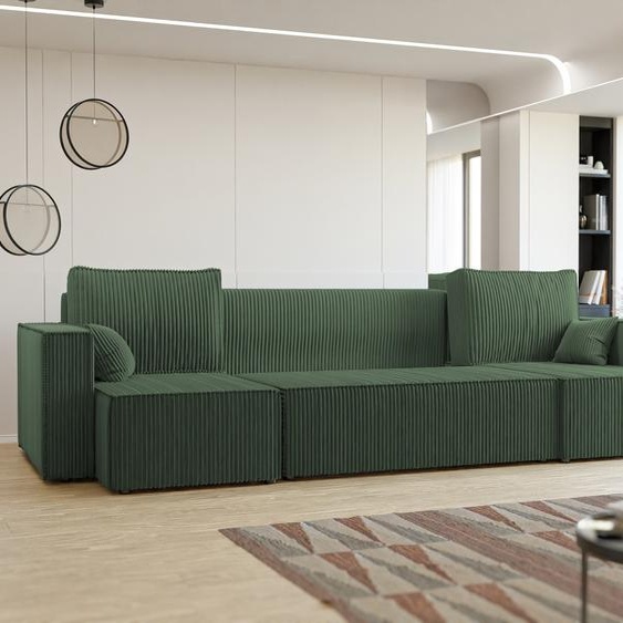 Canapé dangle Paris U Poso Tissu velours côtelé Vert Canapé avec fonction sommeil Tiroir de lit universel Forme U Canapé de salon, Poso 14