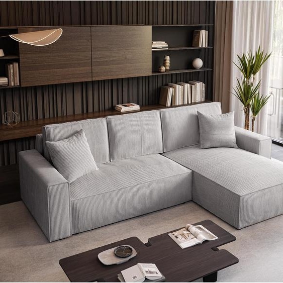 Canapé dangle Parys Canapé dangle rembourré en forme de L avec revêtement en velours côtelé avec fonction de couchage et lit 290 cm Canapé en forme de L, couleur : gris clair, Poso 55