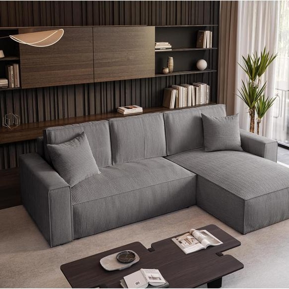 Canapé dangle Parys Canapé dangle rembourré en forme de L avec revêtement en velours côtelé avec fonction de couchage et lit 290 cm Canapé en forme de L, couleur : gris, Poso 60