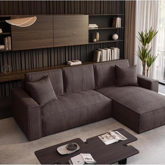 Canapé dangle Parys Canapé dangle rembourré en forme de L avec revêtement en velours côtelé avec fonction de couchage et lit 290 cm Canapé en forme de L, couleur : marron, Poso 06