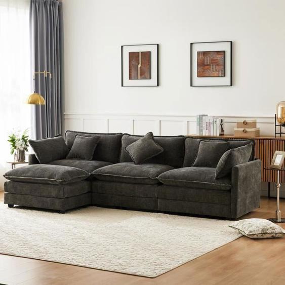 Canapé dAngle - REDOM - 283x147x84cm - Tissu Chenille Gris - 3 Places - Réversible