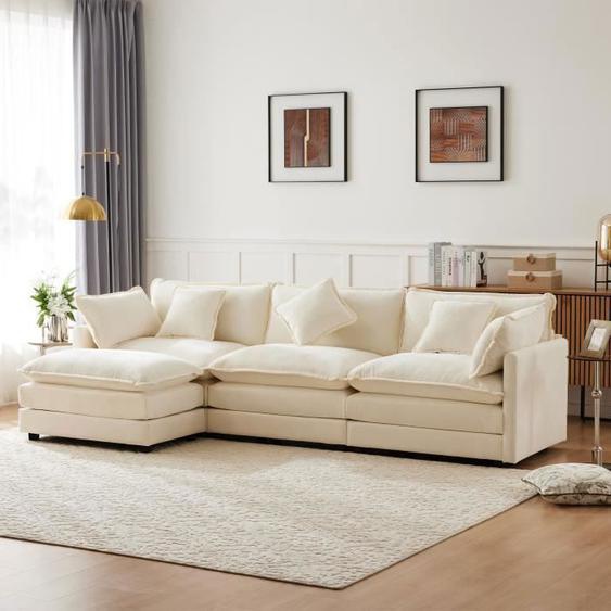 Canapé dAngle - REDOM - 3 Places - Tissu Chenille Beige - Réversible - Confort Moelleux