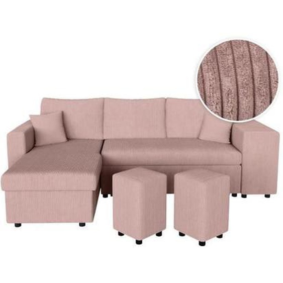 Canapé dangle réversible convertible OSLO avec coffre, 2 poufs à droite en velours côtelé rose - L241 x P146 x H81cm - LOUNGITUDE