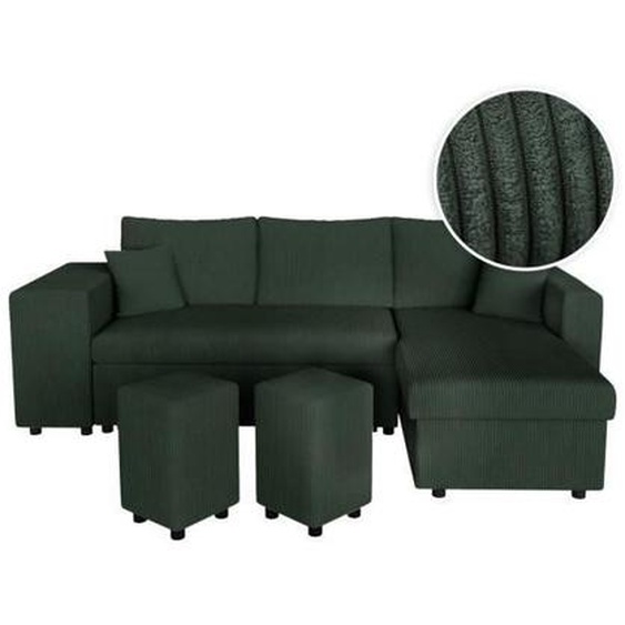 Canapé dangle réversible convertible OSLO avec coffre, 2 poufs à gauche en velours côtelé vert - L241 x P146 x H81cm - LOUNGITUDE