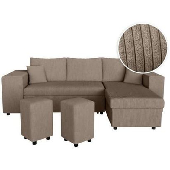 Canapé dangle réversible MADY avec coffre, rangement poufs à gauche en velours côtelé - Taupe - L254 x P146 x H81cm - LOUNGITUDE