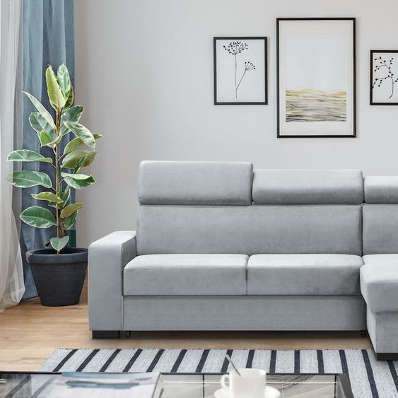 Canapé dangle universel FOX II, angle rembourré avec fonction de couchage, canapé-lit en velours (gris clair)