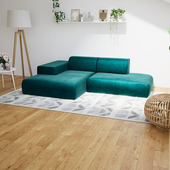Canapé dangle Velours - Bleu Pétrole, design arrondi, canapé en L ou angle, confortable avec méridienne ou coin - 259 x 72 x 168 cm, modulable