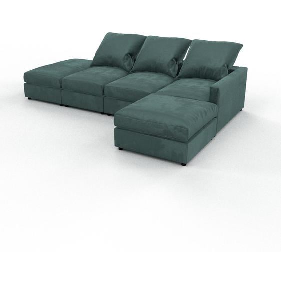 Canapé dangle Velours - Bleu vert, design arrondi, canapé en L ou angle, confortable avec méridienne ou coin - 324 x 97 x 216 cm, modulable