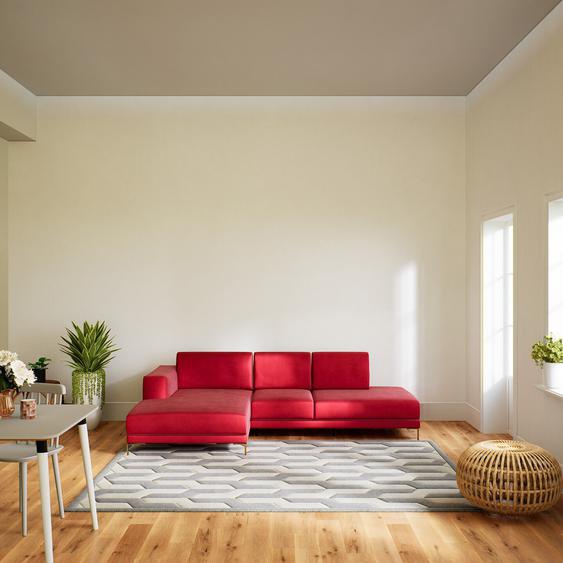 Canapé dangle Velours - Rouge Corail avec des pieds dorés, design épuré, canapé en L ou angle, élégant avec méridienne ou coin - 264 x 75 x 162 cm, modulable