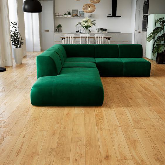 Canapé dangle Velours - Vert de forêt, design arrondi, canapé en L ou angle, confortable avec méridienne ou coin - 227 x 72 x 301 cm, modulable