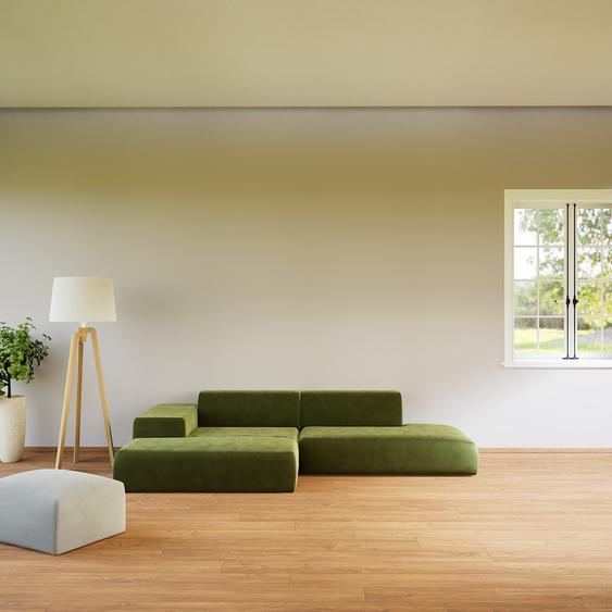 Canapé dangle Velours - Vert Olive, design arrondi, canapé en L ou angle, confortable avec méridienne ou coin - 310 x 72 x 168 cm, modulable