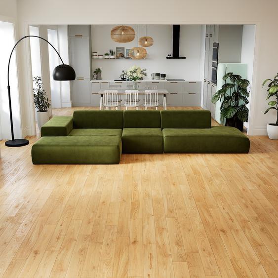 Canapé dangle Velours - Vert Olive, design arrondi, canapé en L ou angle, confortable avec méridienne ou coin - 385 x 72 x 168 cm, modulable