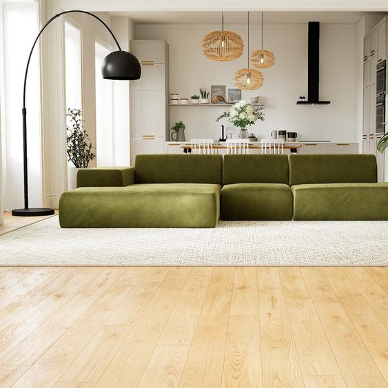 Canapé dangle Velours - Vert Olive, design arrondi, canapé en L ou angle, confortable avec méridienne ou coin - 385 x 72 x 168 cm, modulable