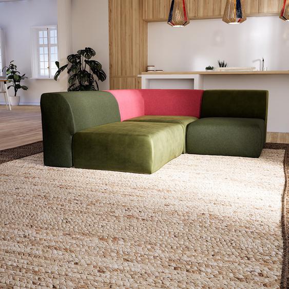 Canapé dangle Velours - Vert Olive/Vert Olive/Rouge Corail, design arrondi, canapé en L ou angle, confortable avec méridienne ou coin - 182 x 72 x 207 cm, modulable