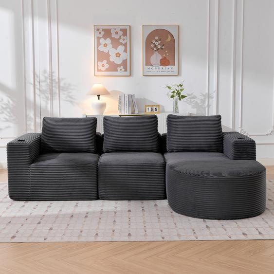 Canapé de 265 cm de large avec 3 coussins et 2 porte-gobelets – Canapé deux places gris foncé, revêtement en polyester, 265 x 176 x 60 cm, pour le salon, lappartement et le bureau