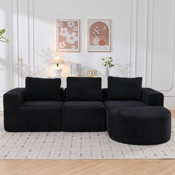 Canapé de 265 cm de large avec 3 coussins et 2 porte-gobelets – Canapé deux places noir, revêtement en polyester, 265 x 176 x 60 cm, pour le salon, lappartement et le bureau