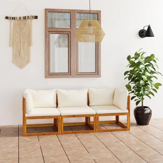 Canapé de jardin à 3 places avec coussin Crème Bois dacacia - SALUTUYA - BD16486