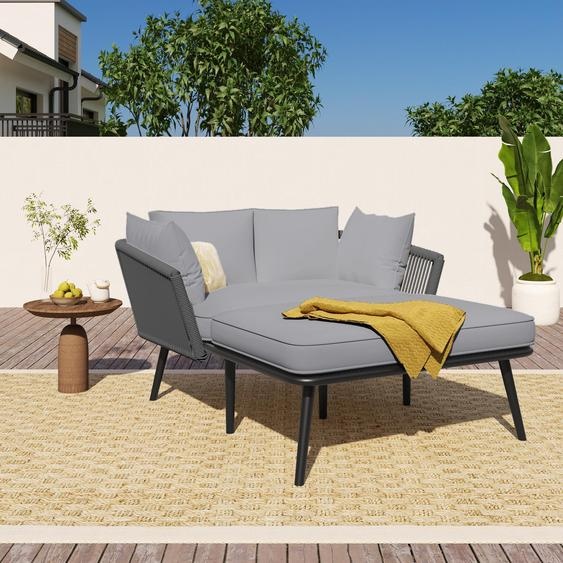 Canapé de jardin avec 2 coussins et housses, chaise longue dextérieur, coussins amovibles et lavables, salon de jardin gris pour balcon et terrasse