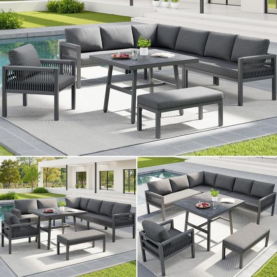 Canapé de jardin en forme de L tressé à la main pouvant accueillir jusquà 8 personnes, structure robuste en fer avec coussins gris, table avec plateau en verre marbré incluse