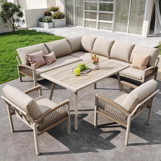 Canapé de jardin en L pour 8 personnes – structure en fer avec coussins beiges, comprenant une table (plateau en verre aspect bois) et 2 fauteuils tressés à la main, résistant aux intempéries, beige