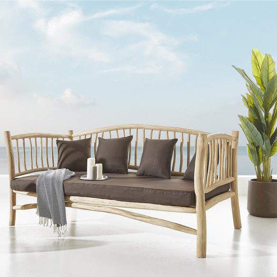 Canapé-Lounge Melania 212x103 cm teck naturel avec coussins marron, Meubles de jardin et terasse