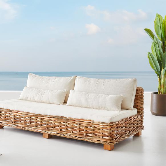 Canapé-Lounge Nizza 200x95 cm en rotin naturel avec coussins blancs canapé lounge, Meubles de jardin et terasse