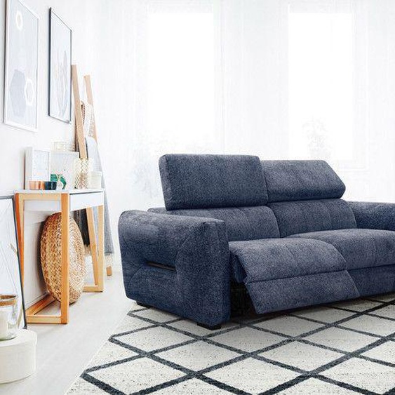 Canapé droit 3 places relax électrique tissu bleu foncé - CALVERA