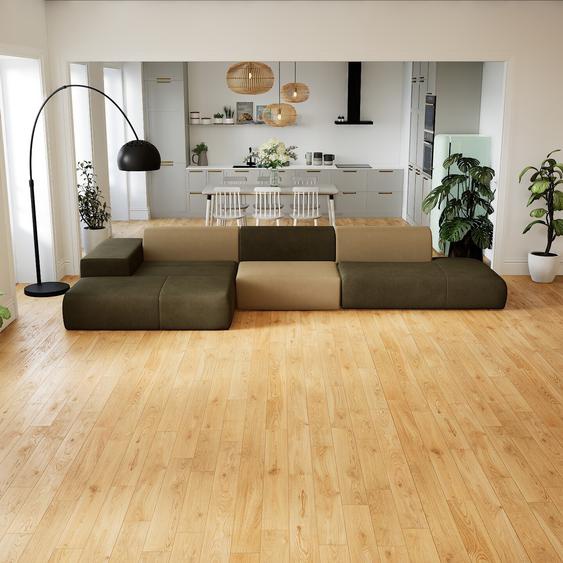 Canapé en cuir - Beige taupe/Vert olive Cuir Pigmenté, lounge, esprit club ou cosy avec toucher chaleureux - 410 x 72 x 168 cm, modulable