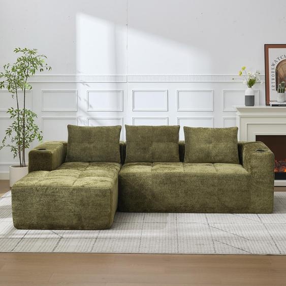 Canapé en L de 258 cm de large avec 3 coussins – Canapé dangle vert, revêtement en chenille, 258 x 163 x 68 cm, style classique et minimaliste, pour le salon et lappartement