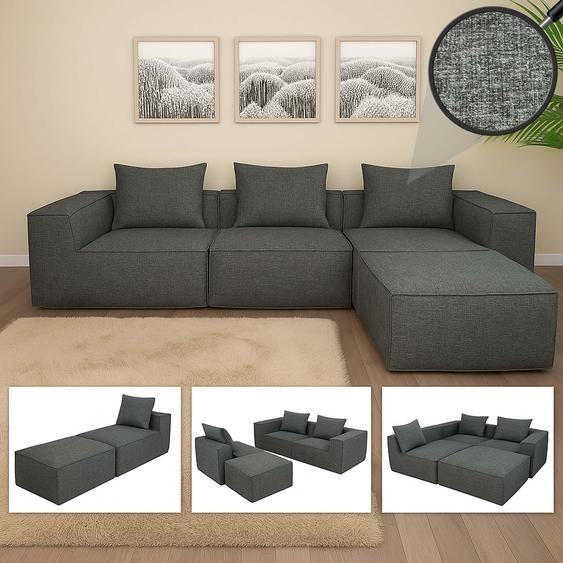Canapé en L HWC-O54, Lounge-Couch avec ottomane, extensible modulaire droite/gauche, tissu/textile 63x270x190cm ~ gris foncé