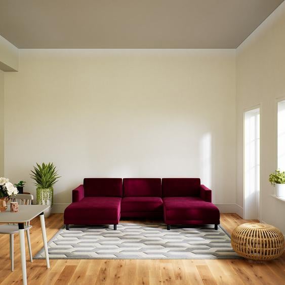 Canapé en U Velours - Rouge Mûre, design épuré, canapé dangle panoramique, grand et tendance, avec pieds - 264 x 75 x 162 cm, modulable