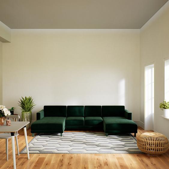 Canapé en U Velours - Vert Sapin, design épuré, canapé dangle panoramique, grand et tendance, avec pieds - 304 x 75 x 162 cm, modulable